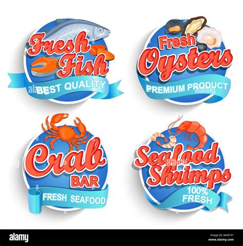 Set Of Fresh Seafood Logo And Emblems Fresh Fish Oysters Shrimps And