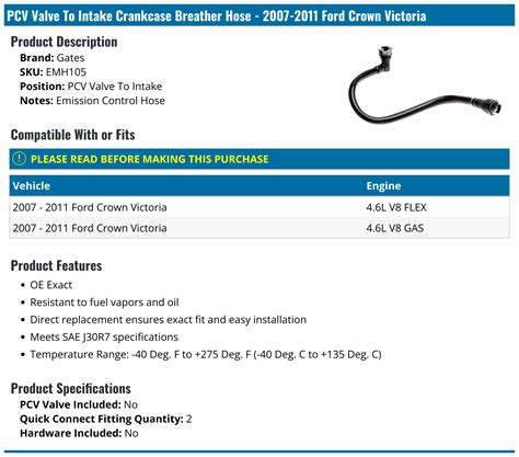 2007 2011 Ford Crown Victoria Breather Hose Gates EMH105 PCV Valve