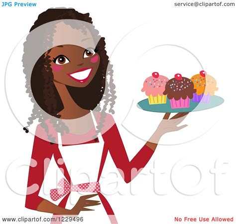 Clipart Of A Happy Black Baker Woman Holding A Tray Of Cupcakes