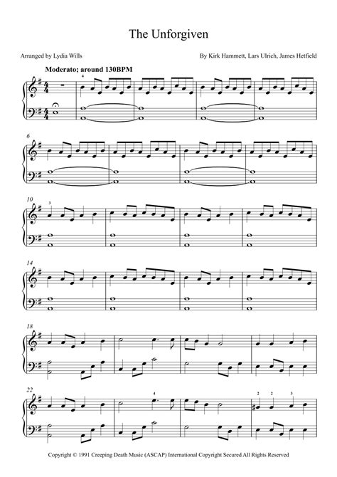 The Unforgiven Arr Lydia Wills By Metallica Sheet Music For Piano