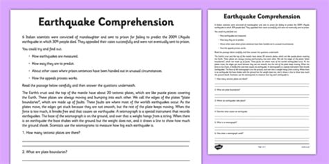 Earthquake Reading Comprehension Activity Teacher Made