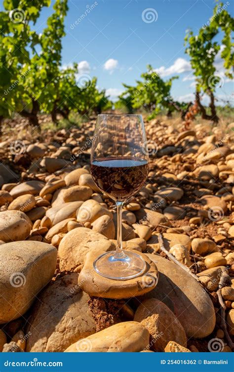 Glass Of Red Dry Wine And Large Pebbles Galets And Sandstone Clay Soils