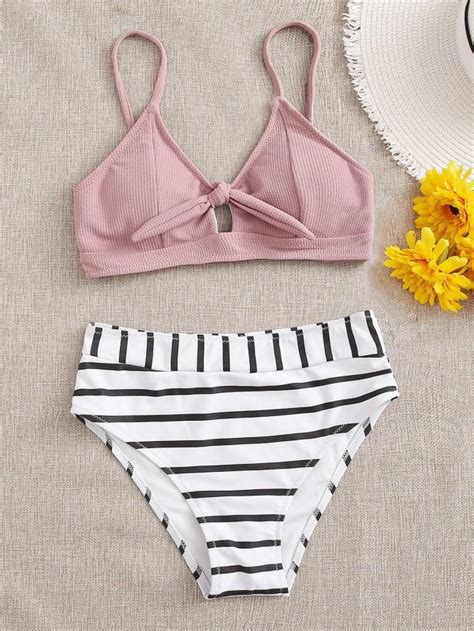 Striped Textured Knot Front Bikini Swimsuit