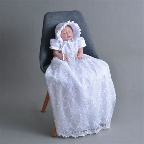 Newborn Baby Christening Gown White Baptism Dress With Bonnet Hat