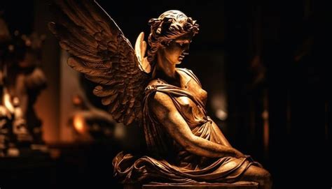 Una estatua de un ángel con alas y alas se sienta sobre una mesa