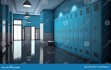 Sports Background of a Locker Room with Blue Metal Cage Style Lockers ...