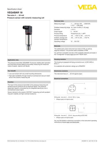 Specification Sheet Vegabar Vega Grieshaber Kg Pdf Catalogs