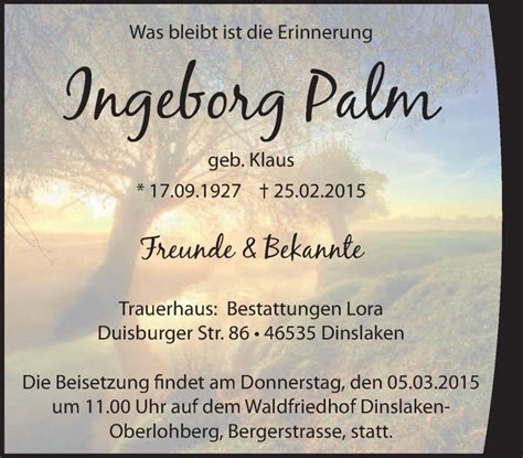 Traueranzeigen Von Ingeborg Palm Trauer In NRW De