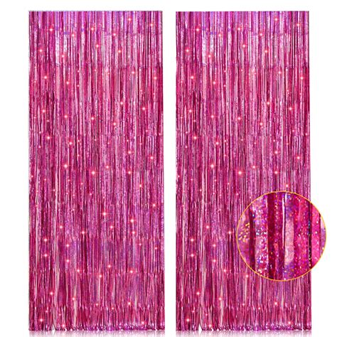 2 Pack 3 2ft X 8 2ft Pink Metallic Tinsel Foil Fringe Curtains Backdrop For Pink