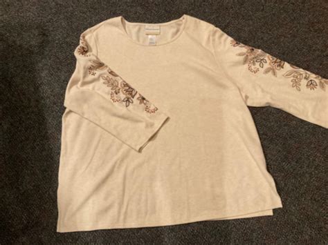 Alfred Dunner Womens 1x 34 Sleeve Blouse Embroidered Beige Brown