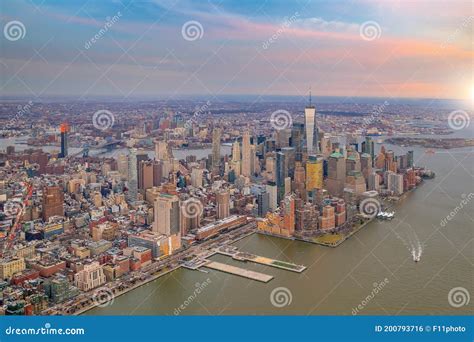 Aerial View Of Manhattan Skyline At Sunset New York City Editorial