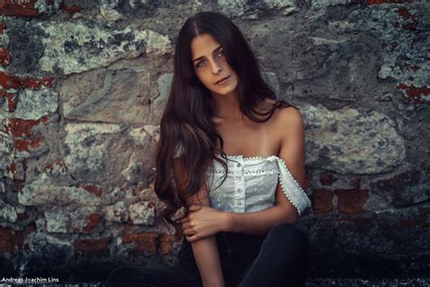 Women Brunette White Tops Sitting Andreas Joachim Lins Pauline Eifler