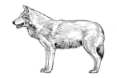 Ручной рисунок стоящего волка, вид сбоку | Премиум векторы