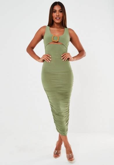 Missguided Khaki Slinky Buckle Ruched Midaxi Dress Green Bodycon