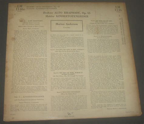 Brahms Rhapsody Mahler Kindertotenlieder Reiner Monteux Anderson Rca Lm