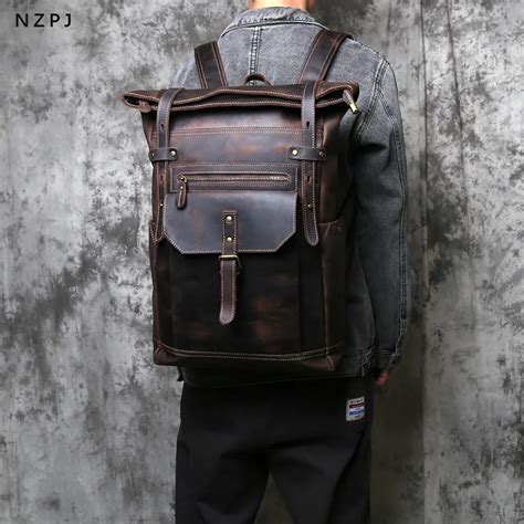 Nzpj Mochila Vintage De Cuero Genuino Para Hombre Bolso De Ordenador De