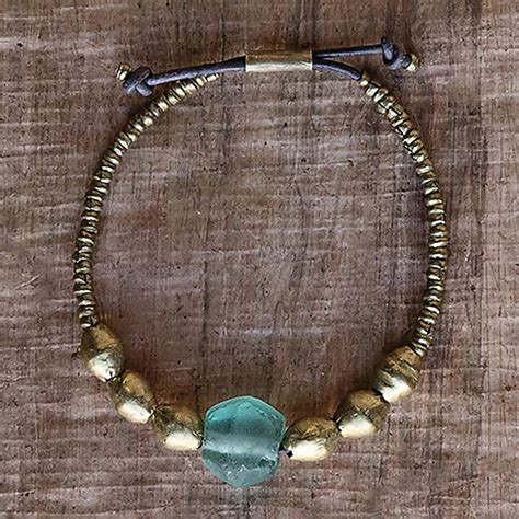 Recycled Sea Glass Beaded Brass Bracelet - Amber | Wind and Weather