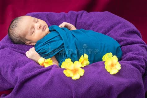 Cute Newborn Baby Sleeping In Baby Wrap Flat Angle Shot Stock Photo