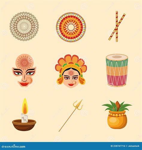 Nine Happy Navratri Icons Stock Vector Illustration Of Fire 228747716