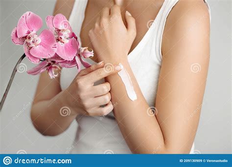 Closeup Woman Applying Protective Cream On Hands Hand Skin Care Stock