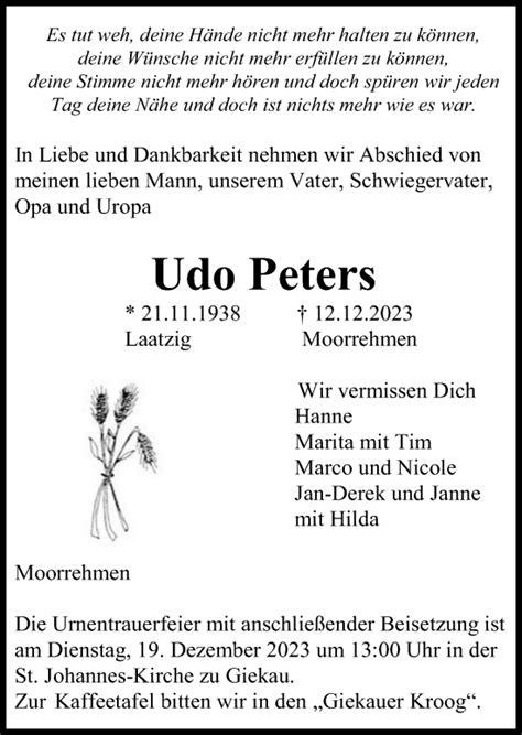 Traueranzeigen Von Udo Peters Trauer Anzeigen De