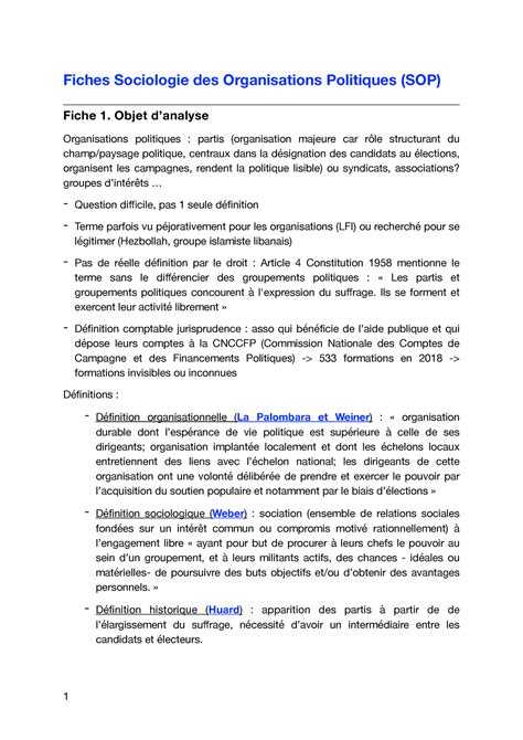 Fiche SOP 1 Fiches Sociologie Des Organisations Politiques SOP