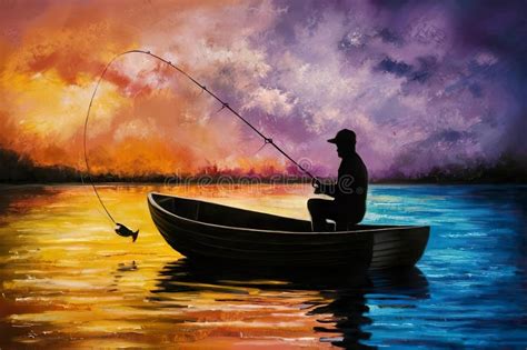 Acrylic Oil Painting of Silhouette a Man Fishing at Lake Stock Illustration - Illustration of ...