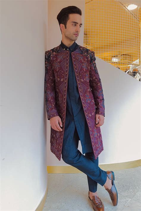 Buy Jatin Malik Blue Slub Silk Zardozi Floral Embroidered Jacket Kurta