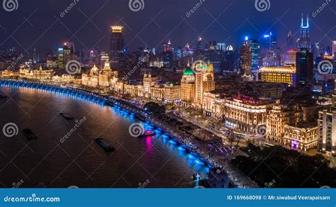 Aerial View Shanghai at Night the Bund, the Bund in Shanghai is a ...