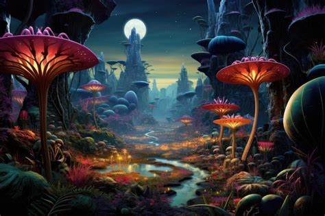 Fantasy landscape with fantasy alien planet and flowers illustration ...