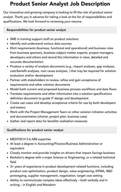 Product Senior Analyst Job Description Velvet Jobs