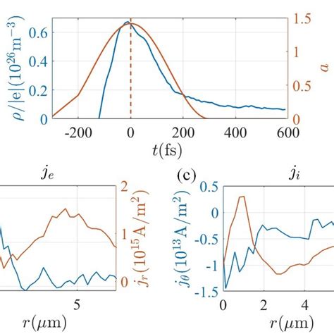 Charge density and per-species current density. (a) Charge density ...