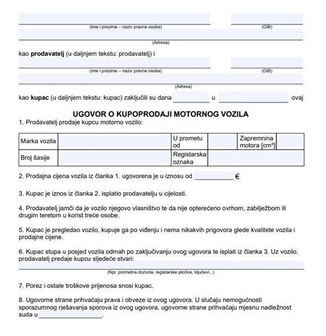 Besplatni Primjerak Kupoprodajnog Ugovora Za Motorno Vozilo U Pdf