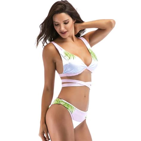 Sexy Fresh Leaves Print Bra Set Summer Beach Bandage Spaghetti Strap