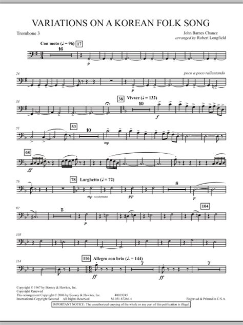 Variations On A Korean Folk Song 3rd Trombone Sheet Music Robert