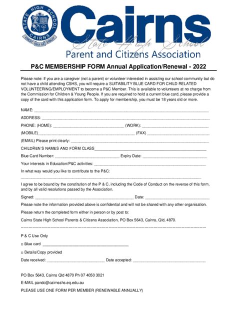 Fillable Online Cairnsshs Eq Edu P C Membership Form Annual Application