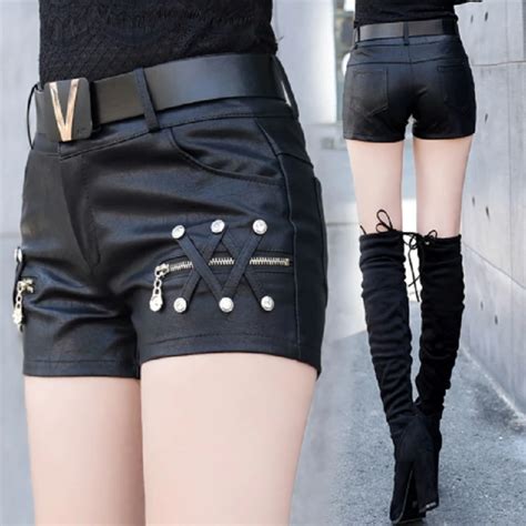 Black Faux Leather Shorts Women Sexy Short Pants Fashion Punk Metal Rivet Zippers Shorts Winter