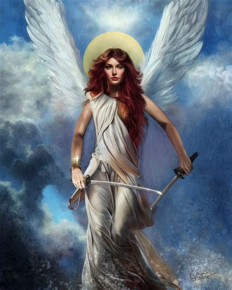 Beautiful Robed Angel Warrior With Two Swords Soaring in the Clouds. 18 ...