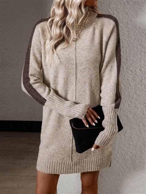 Shein Lune Turtleneck Raglan Sleeve Split Hem Sweater Dress Without