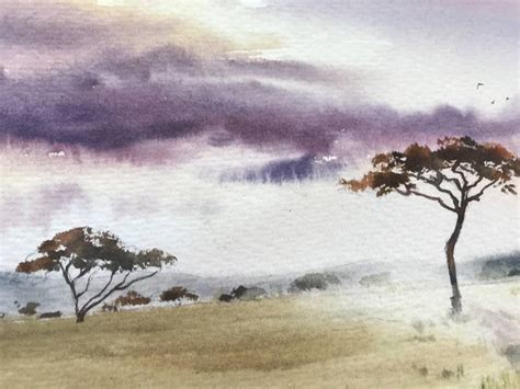 A Painting Of Trees In The Middle Of A Field Under A Purple Sky With Clouds