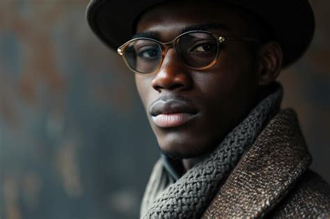 Premium Photo A Man Wearing Glasses And A Hat With A Scarf Wrapped Around His Neck Posing For