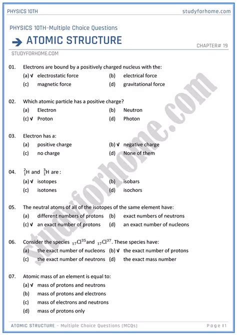 Atomic Structure MCQs Physics 10th