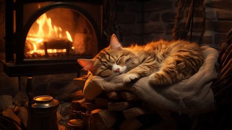 Sleeping With A Purring Cats And Crackling Fireplace Relax In A Cozy