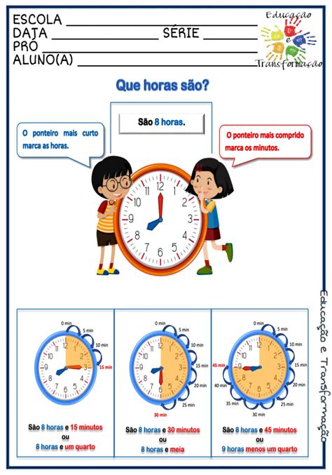 Horas Atividade de matemática para trabalhar as horas Atividades