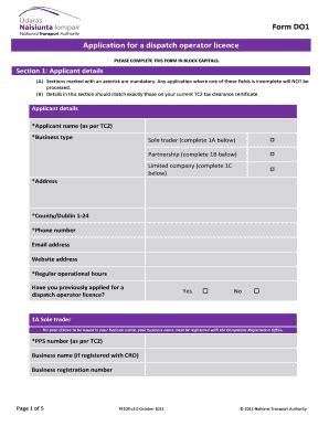 Fillable Online Nationaltransport Form DO1 Application For A Dispatch