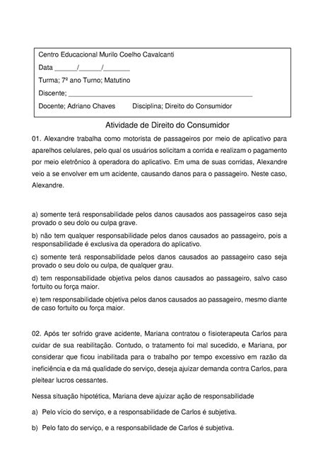 Atividade De Direito Do Consumidor 7 Ano Atividade De Direito Do