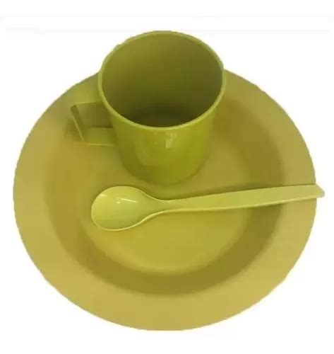 4 Kit Merenda Escolar Amarelo Prato Colher Caneca Plástica