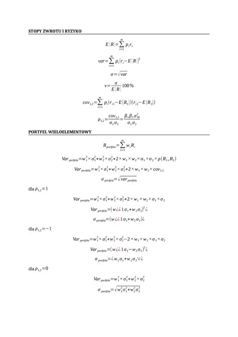 Zarządzanie portfelem inwestycyjnym wzory STOPY ZWROTU I RYZYKO E
