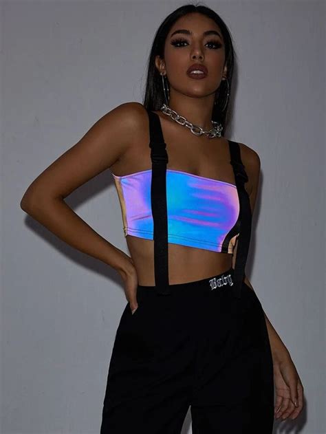 Buckle Straps Reflective Holographic Crop Top Festival Outfits Rave