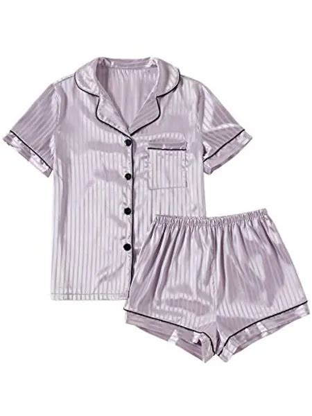 Throne Alyssa Lyaner Womens Striped Silky Satin Pajamas Short